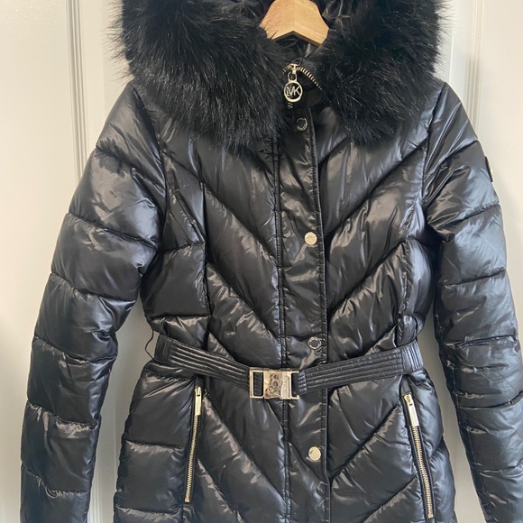 Michael Kors Women's Metallic Belted Faux-Fur-Trim Hooded Puffer Coat Size S - Picture 4 of 14